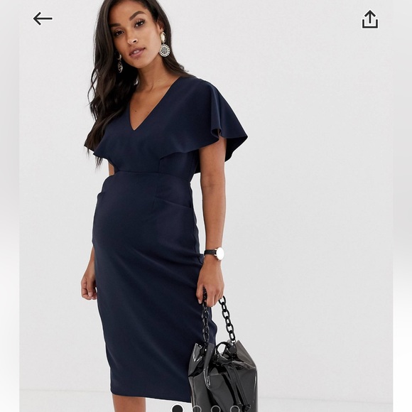 ASOS DESIGN Maternity Angel Sleeve Midi Pencil Dress in Navy NWT - Picture 2 of 9